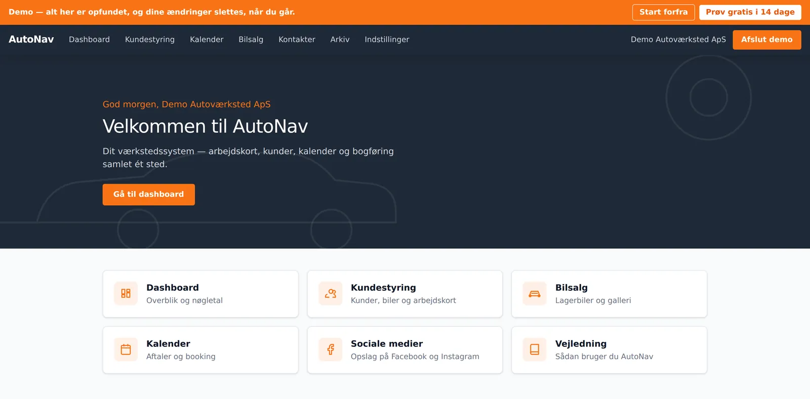 AutoNavs forside med en velkomsthilsen og seks genveje: dashboard, kundestyring, bilsalg, kalender, sociale medier og vejledning.