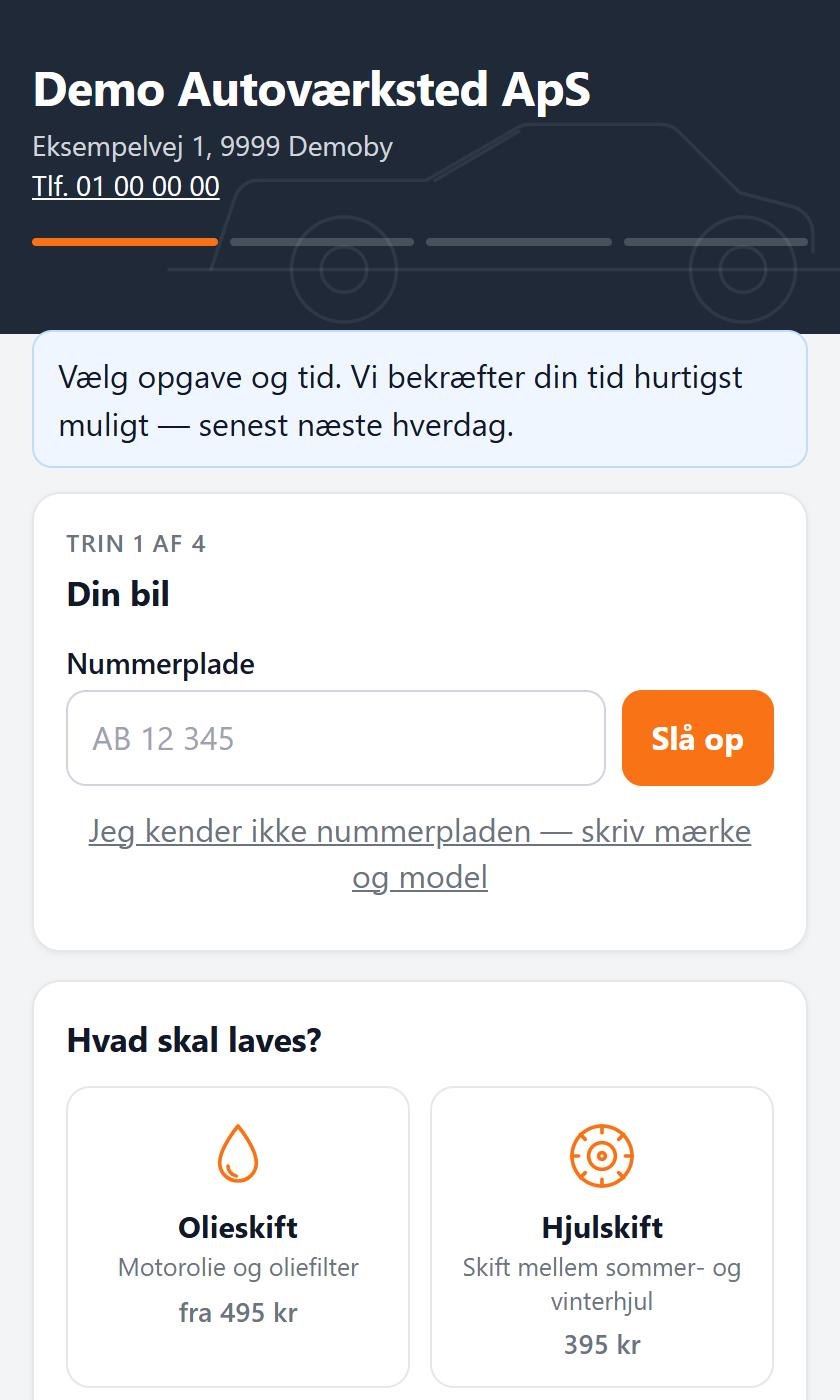 Skærmbillede fra AutoNav: kundens bookingside på telefonen
