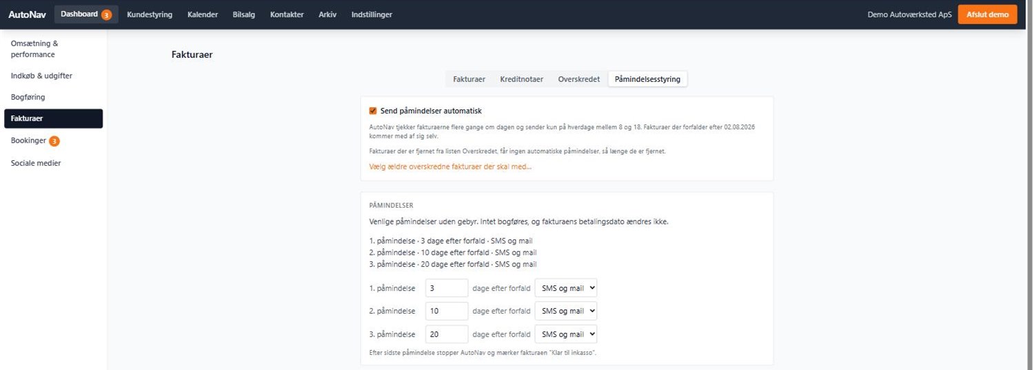 Skærmbillede fra AutoNav: indstillinger for automatiske påmindelser